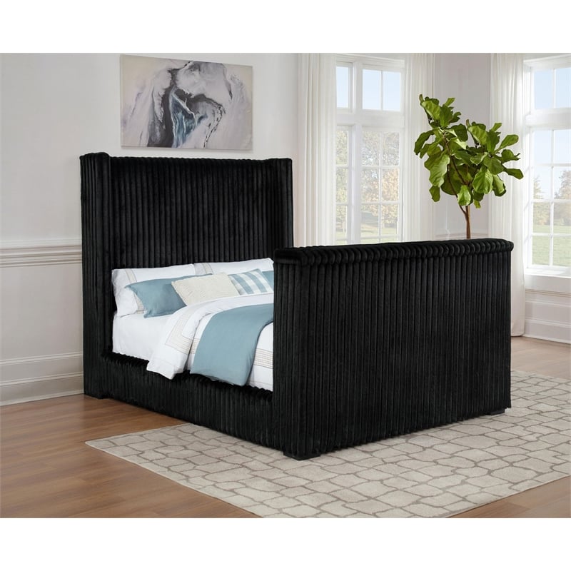 Pemberly Row Upholstered Velvet Queen Wingback TV Bed in Black