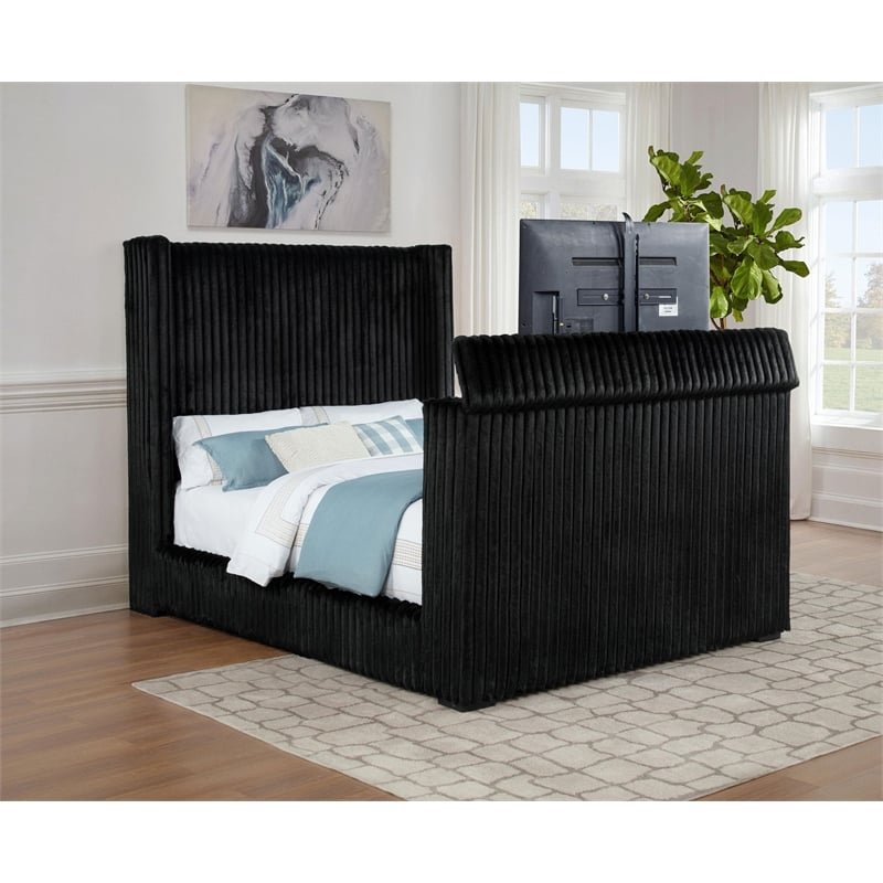 Pemberly Row Upholstered Velvet Queen Wingback TV Bed in Black