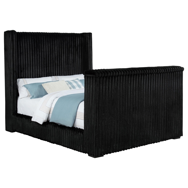 Pemberly Row Upholstered Velvet Queen Wingback TV Bed in Black