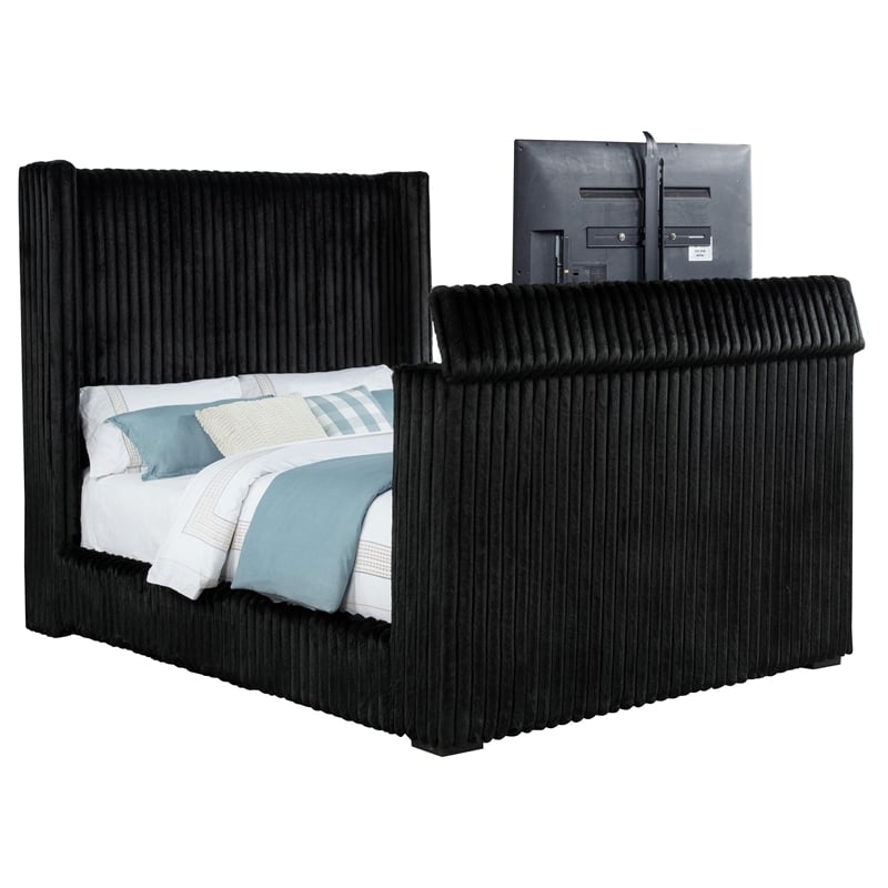 Pemberly Row Upholstered Velvet Queen Wingback TV Bed in Black