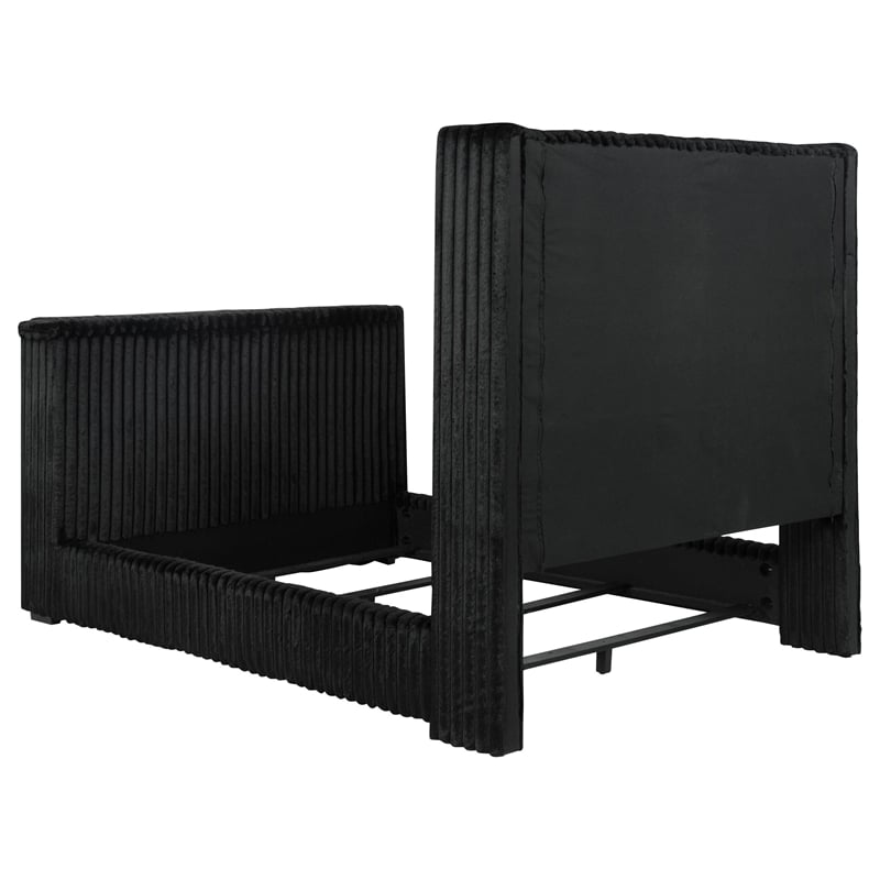 Pemberly Row Upholstered Velvet Queen Wingback TV Bed in Black