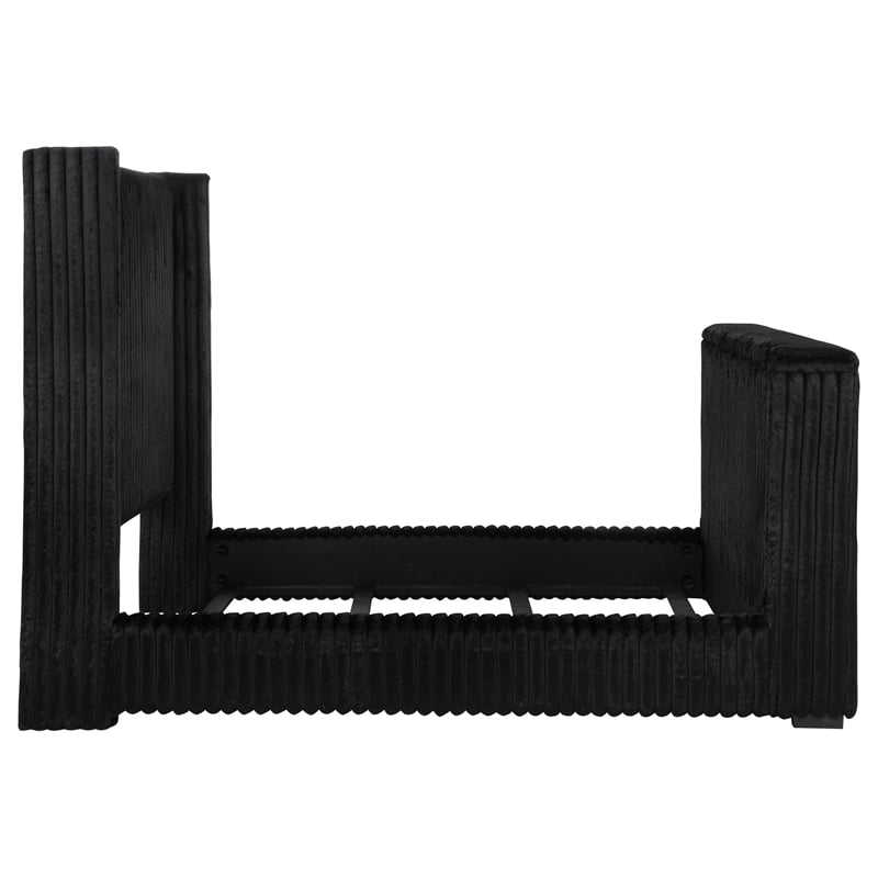 Pemberly Row Upholstered Velvet Queen Wingback TV Bed in Black