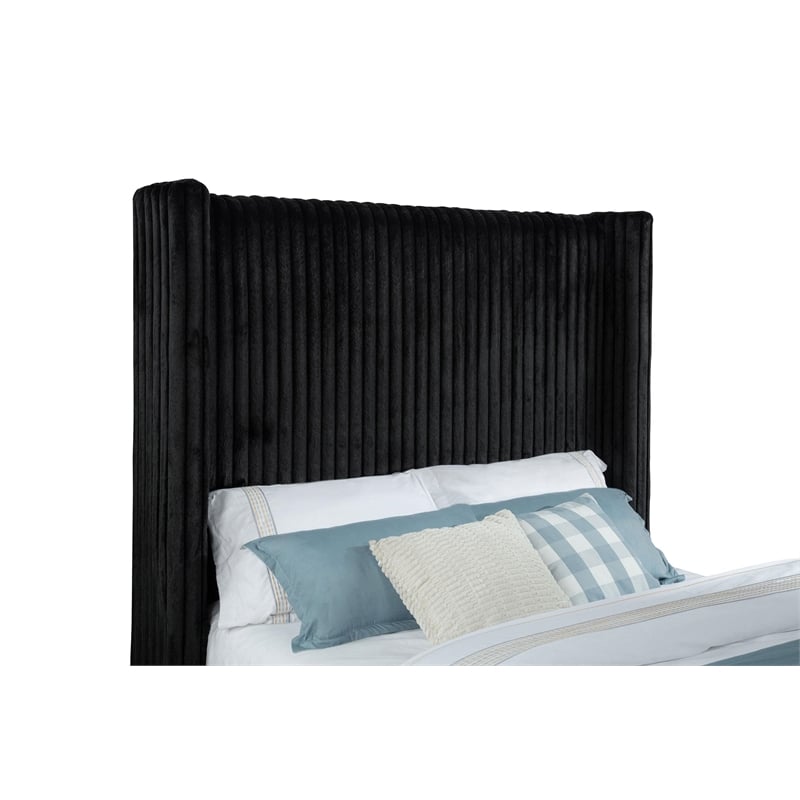 Pemberly Row Upholstered Velvet Queen Wingback TV Bed in Black