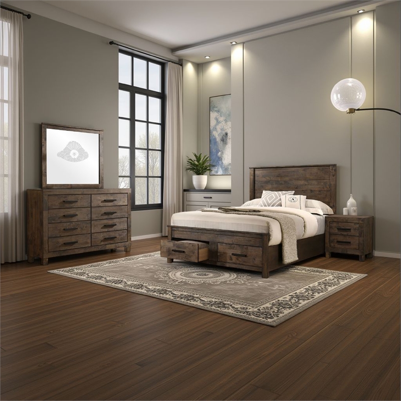 Pemberly Row 4-Piece Queen Storage Bedroom Set in Rustic Golden Brown