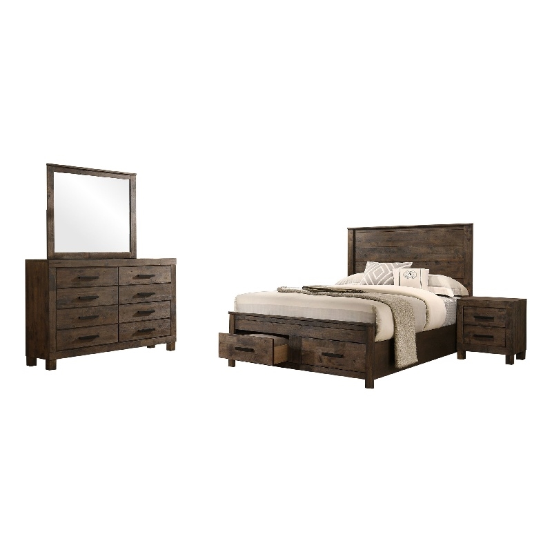 Pemberly Row 4-Piece Queen Storage Bedroom Set in Rustic Golden Brown