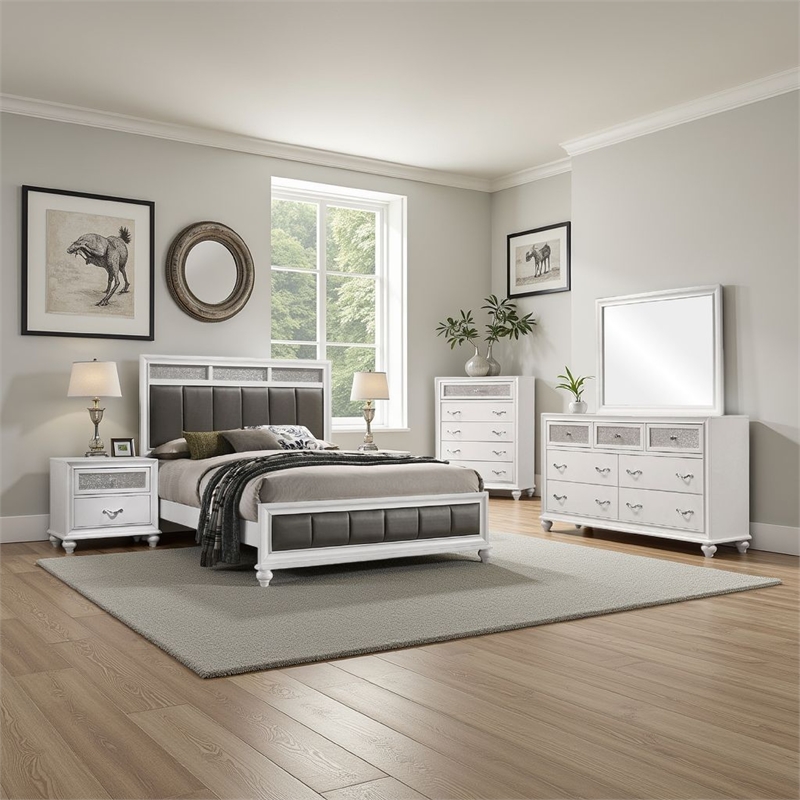 Pemberly Row 5-Piece Queen Faux Leather Bedroom Set in Gray and White