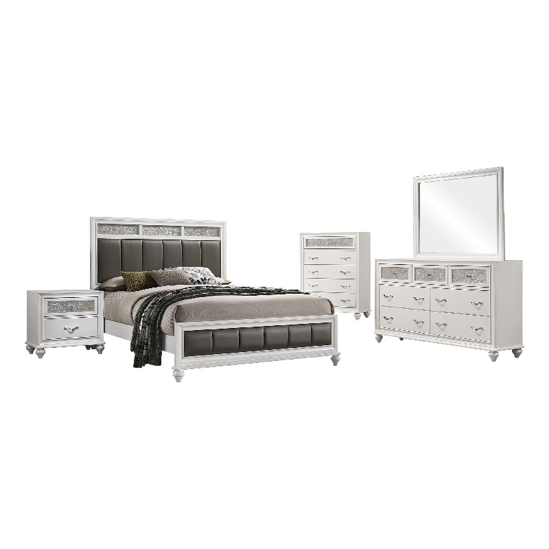 Pemberly Row 5-Piece Queen Faux Leather Bedroom Set in Gray and White
