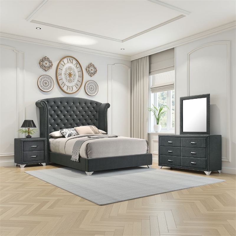 Pemberly Row 4-Piece Queen Tufted Velvet Bedroom Set in Dark Gray