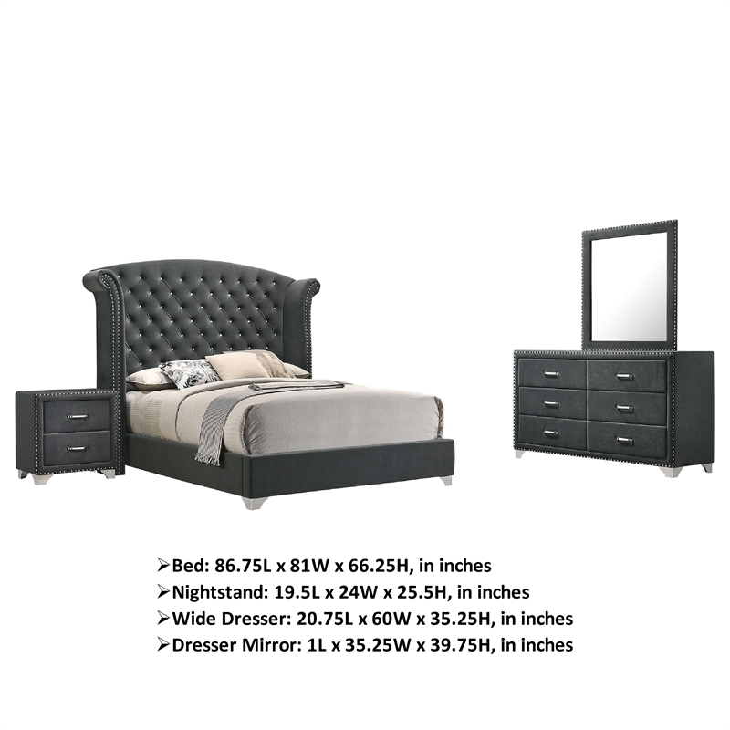 Pemberly Row 4-Piece Queen Tufted Velvet Bedroom Set in Dark Gray