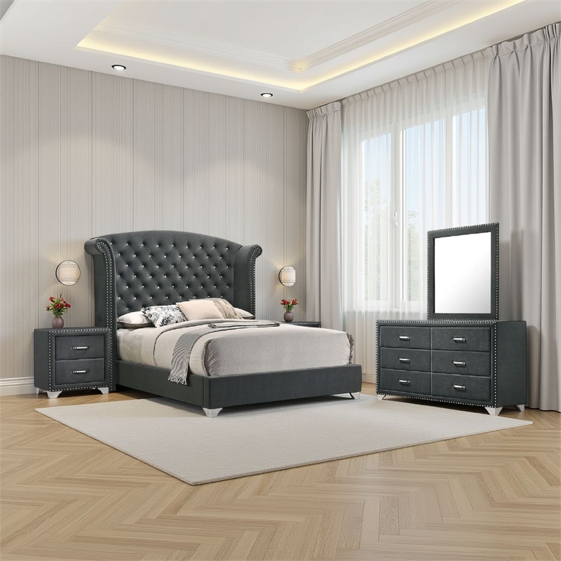 Pemberly Row 4-Piece King Tufted Velvet Bedroom Set in Dark Gray