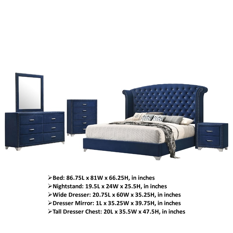 Pemberly Row 5-Piece Queen Tufted Velvet Bedroom Set in Pacific Blue