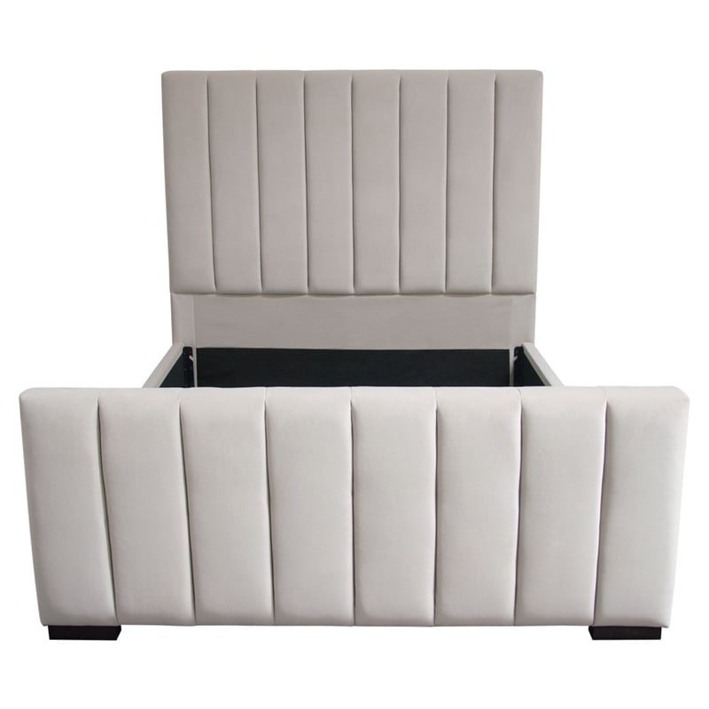 Pemberly Row Queen Bed with Vertical Channel Tufting in Light Gray Velvet