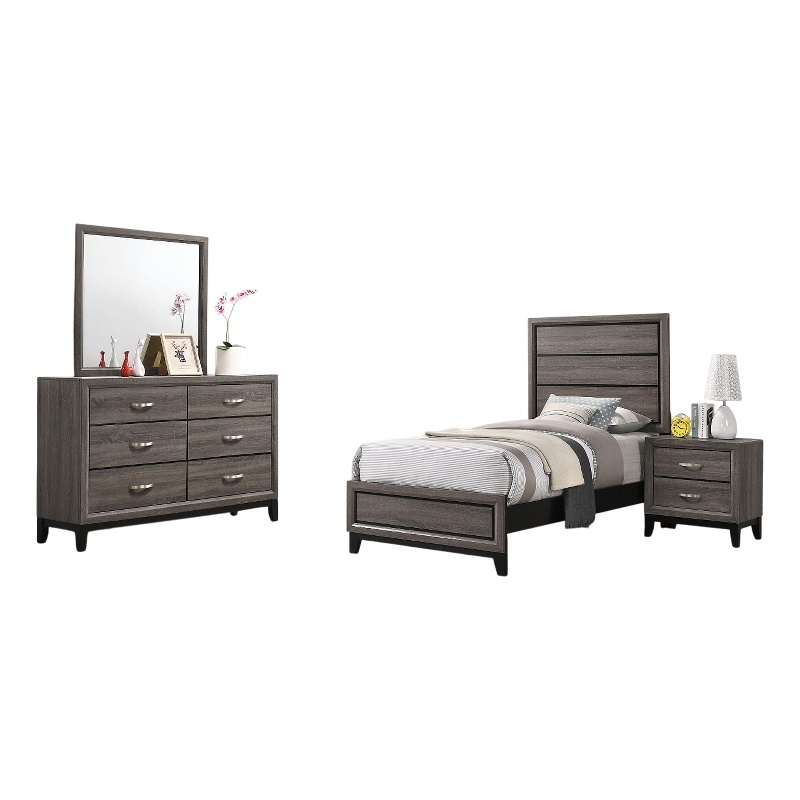 Pemberly Row 4-Piece Rustic Twin Bedroom Set in Two-Tone Oak Gray