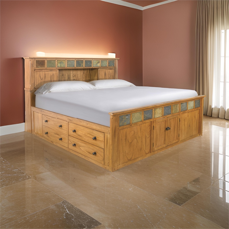 Pemberly Row King Storage Bed with Bookcase Headboard in Light Brown