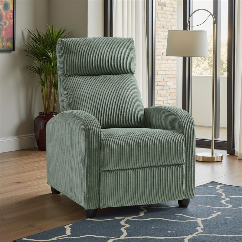 Pemberly Row Manual Push Back Reclining Chair in Green Corduroy