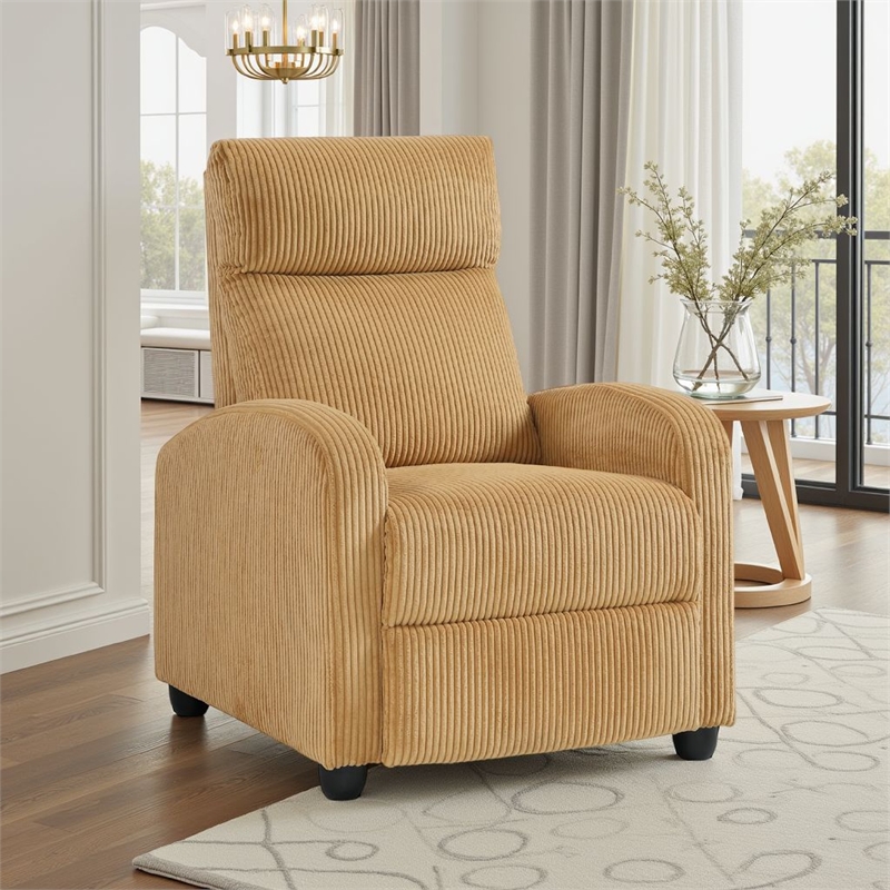Pemberly Row Manual Push Back Reclining Chair in Yellow Corduroy