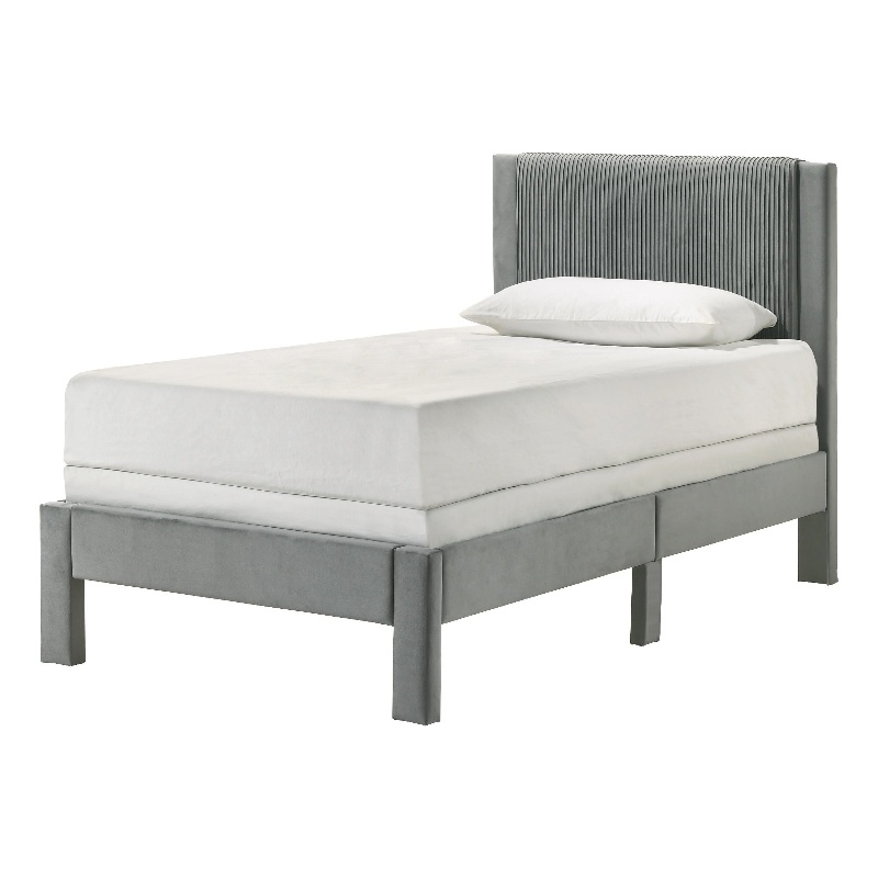 Pemberly Row Twin Platform Bed with Textured Headboard in Light Gray