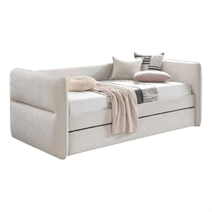 Pemberly Row Twin Daybed with Pull-Out Trundle in Ivory Chenille