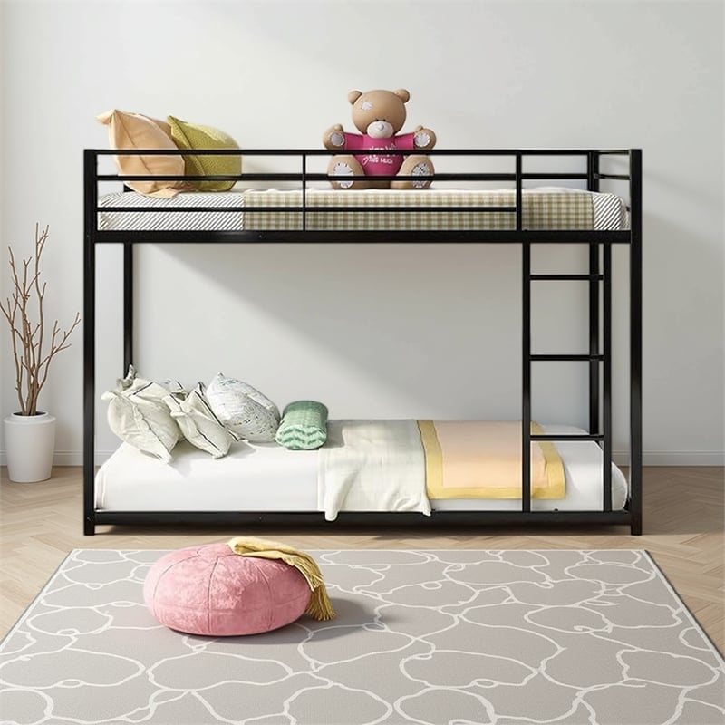 Pemberly Row 78 Inch Twin Bunk Bed with Mounted Ladder in Black