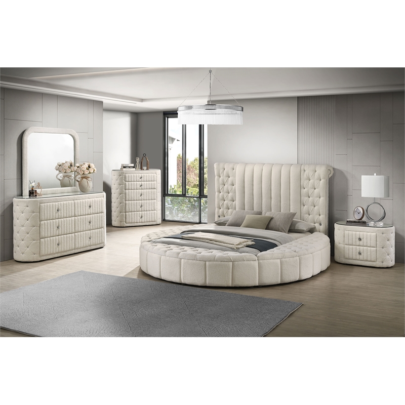 Pemberly Row 5-Piece Velvet Eastern King Bedroom Set in Ivory White