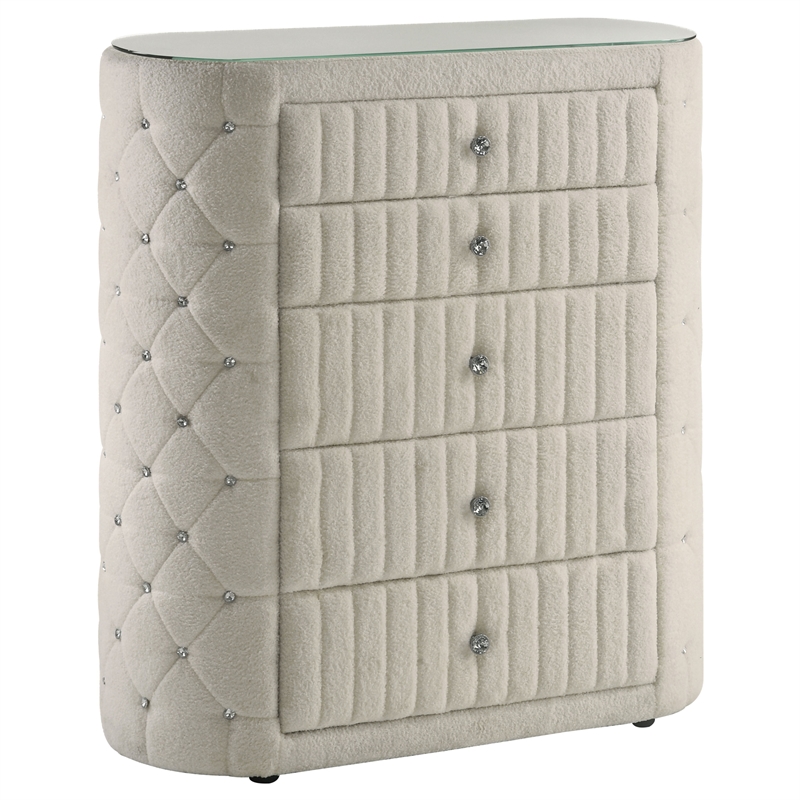 Pemberly Row 5-Piece Velvet Eastern King Bedroom Set in Ivory White