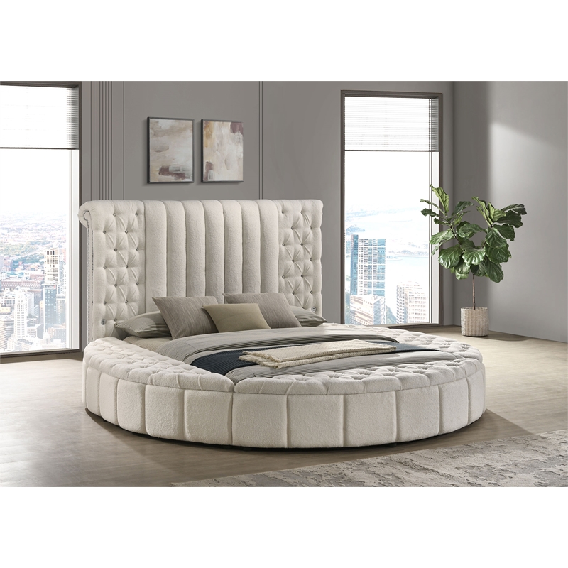 Pemberly Row Upholstered Queen Round Storage Bed in Ivory Boucle