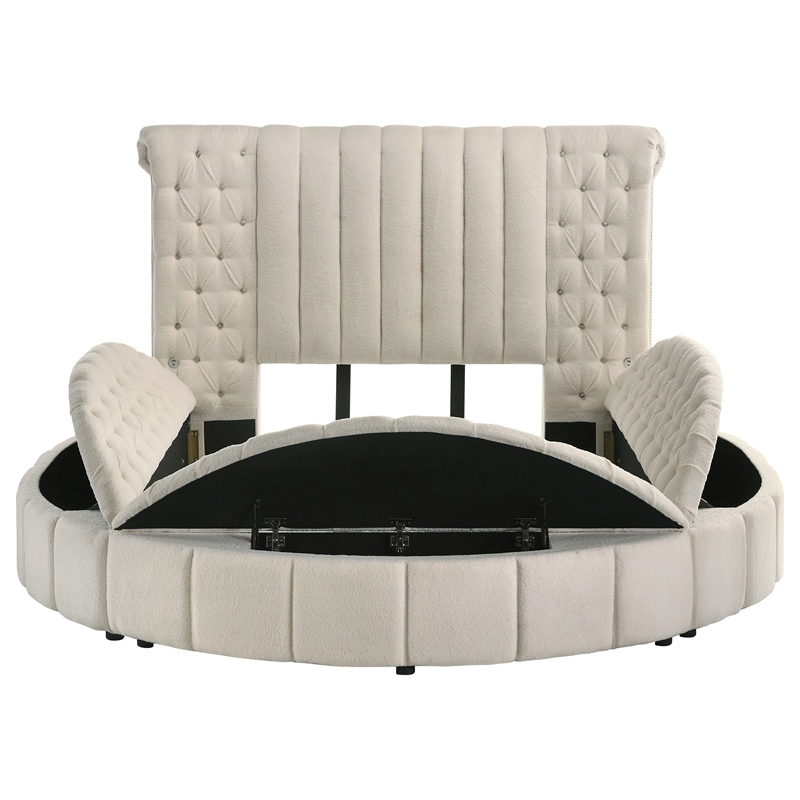 Pemberly Row Upholstered Queen Round Storage Bed in Ivory Boucle