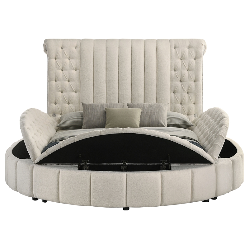 Pemberly Row Upholstered Queen Round Storage Bed in Ivory Boucle