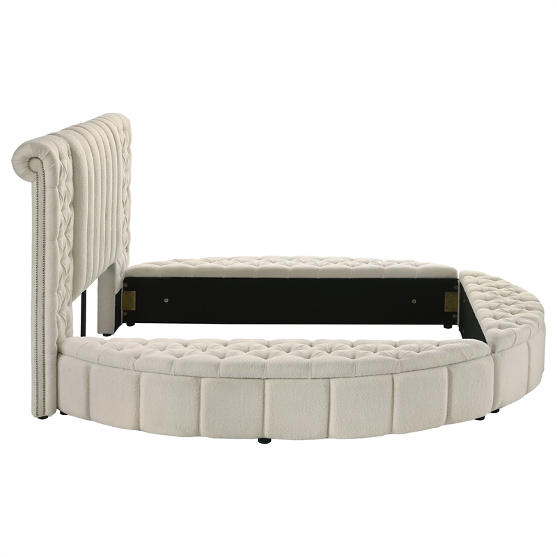 Pemberly Row Upholstered Queen Round Storage Bed in Ivory Boucle