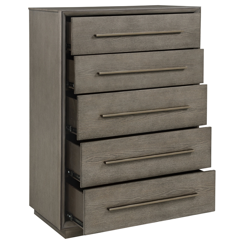 Pemberly Row Transitional 5-Drawer Bedroom Chest in Taupe Oak