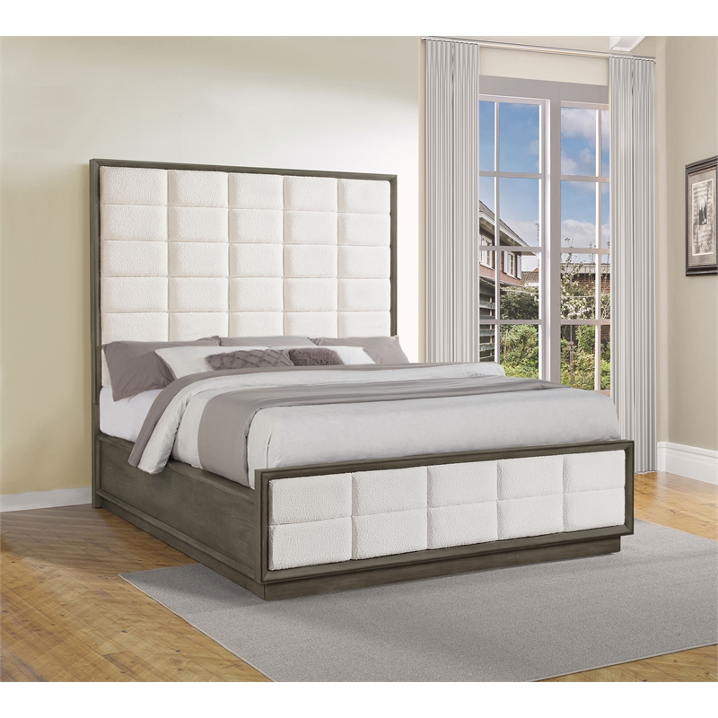 Pemberly Row 80 Inch California King Upholstered Panel Bed in Taupe Oak