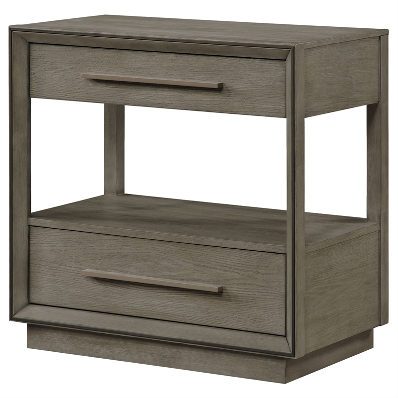 Pemberly Row 2-Drawer Nightstand with Open Shelf in Taupe Oak