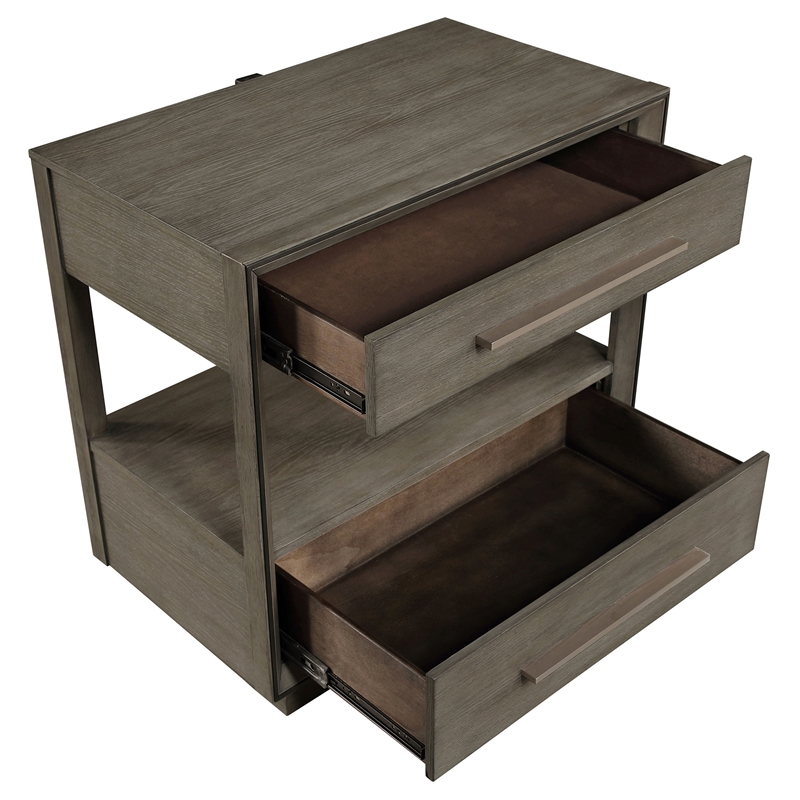 Pemberly Row 2-Drawer Nightstand with Open Shelf in Taupe Oak