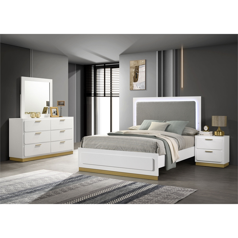 Pemberly Row 4-Piece Queen Upholstered LED Bedroom Set in White