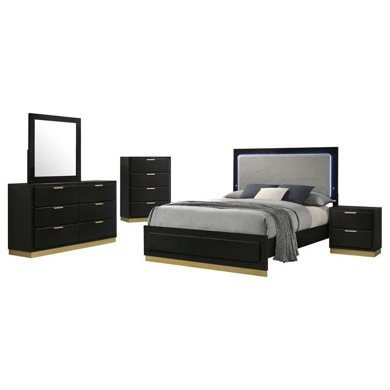 Pemberly Row 5-Piece Eastern King LED Glam Bedroom Set in Black