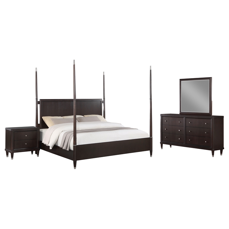 Pemberly Row 4-Piece Queen Four-Poster Modern Bedroom Set in Brown