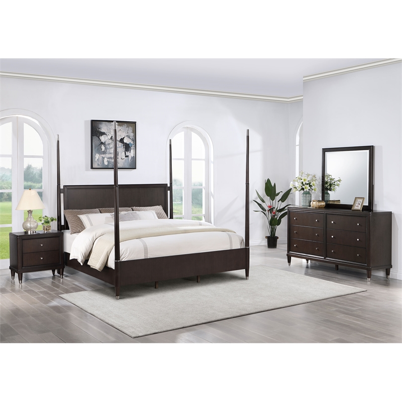 Pemberly Row 4-Piece Queen Four-Poster Modern Bedroom Set in Brown