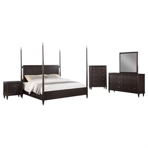 Pemberly Row 5-Piece Queen Four-Poster Modern Bedroom Set in Brown
