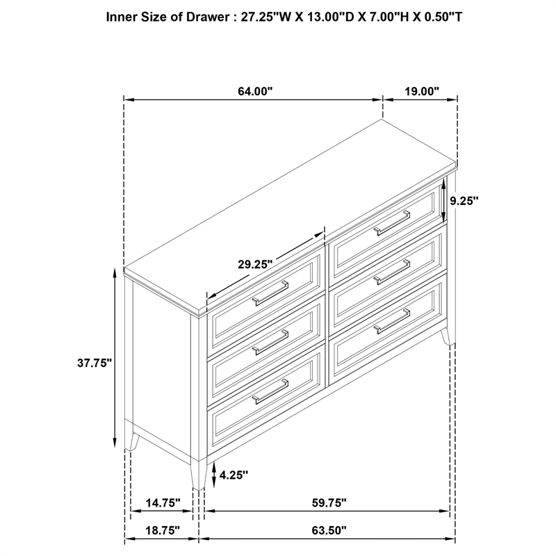 Pemberly Row 6-Drawer Double Profile Dresser in Distressed White