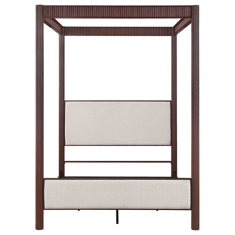 Pemberly Row 89 Inch Upholstered Metal Queen Canopy Bed in Rust Brown
