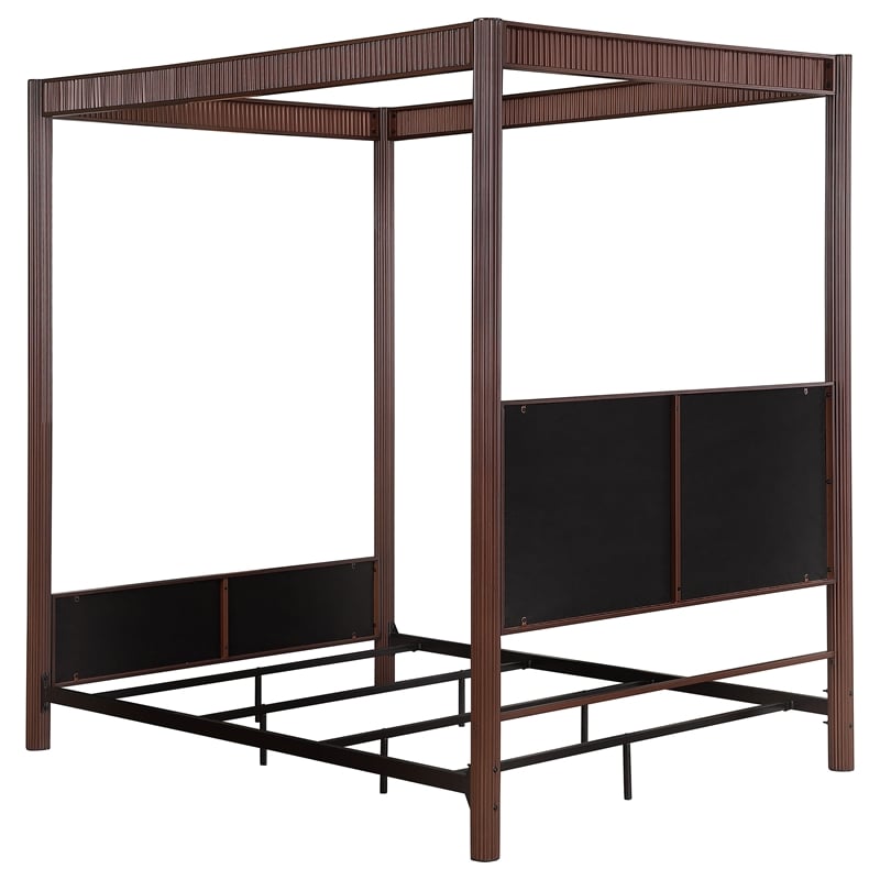 Pemberly Row 89 Inch Upholstered Metal Queen Canopy Bed in Rust Brown