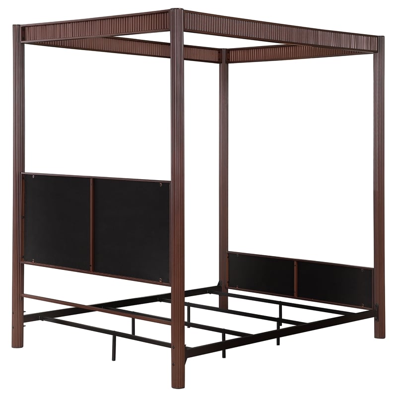 Pemberly Row 89 Inch Upholstered Metal Queen Canopy Bed in Rust Brown