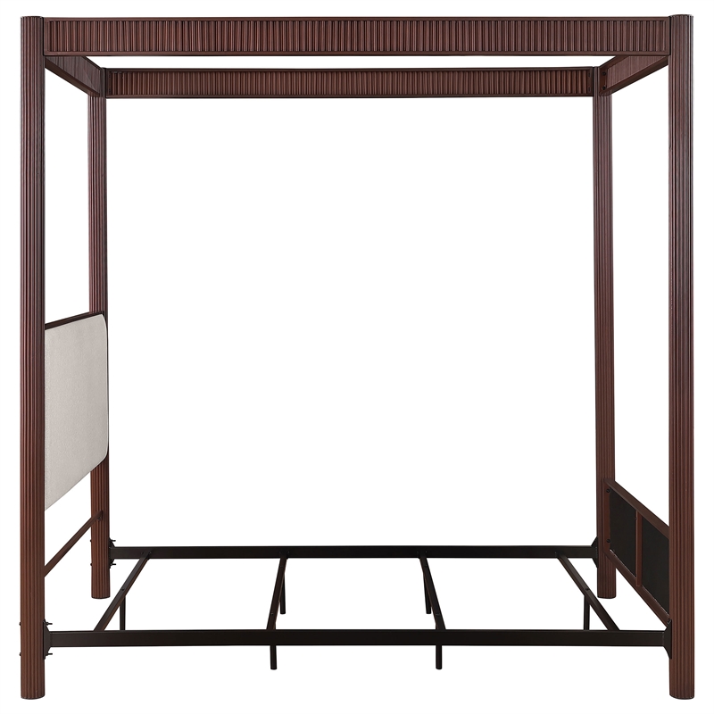 Pemberly Row 89 Inch Upholstered Metal Queen Canopy Bed in Rust Brown