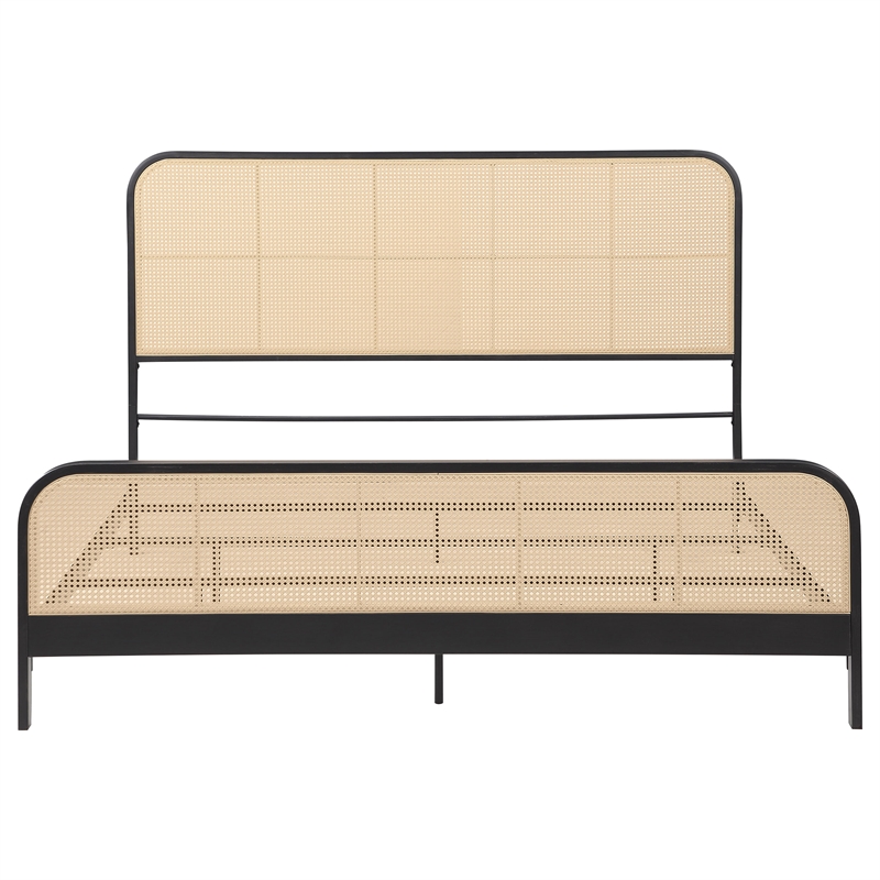 Pemberly Row Open Cane Webbing Metal Eastern King Bed in Black