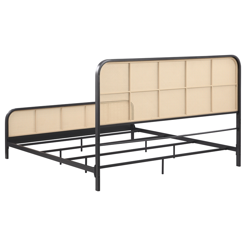 Pemberly Row Open Cane Webbing Metal Eastern King Bed in Black