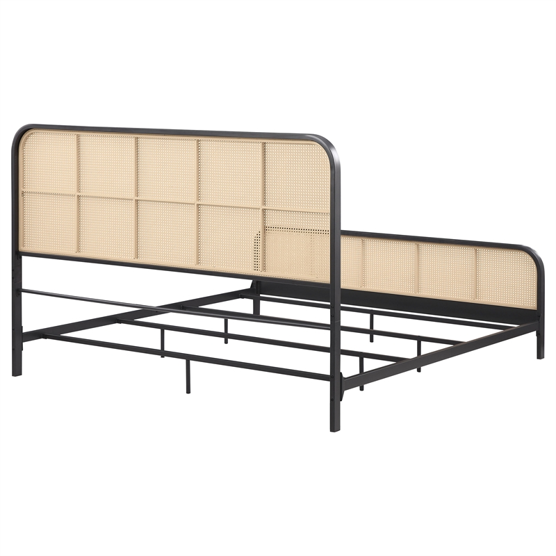 Pemberly Row Open Cane Webbing Metal Eastern King Bed in Black