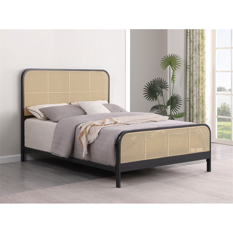 Pemberly Row Modern Open Cane Webbing Metal Queen Bed in Black