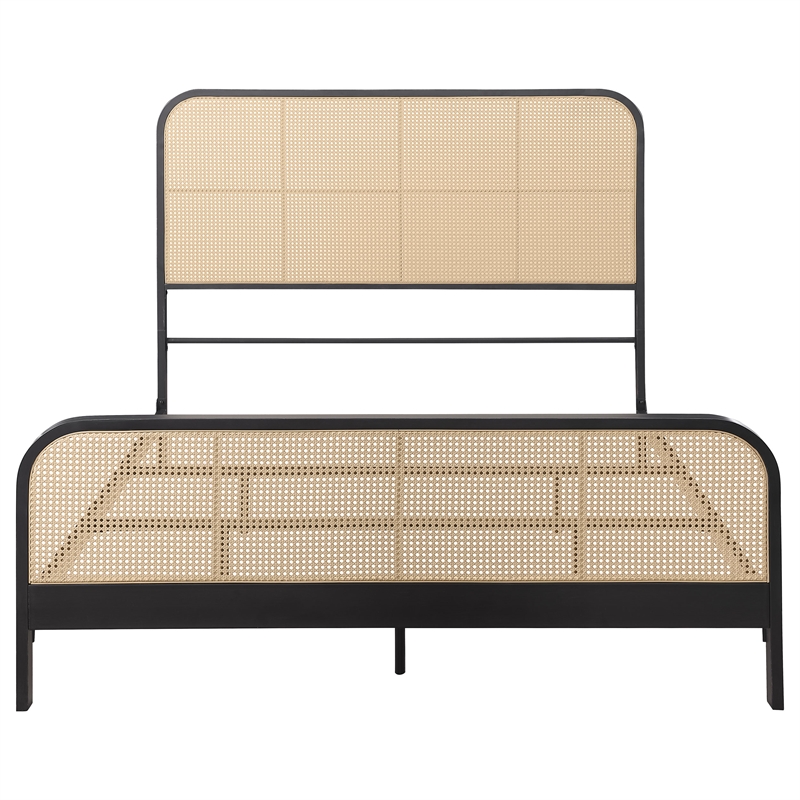 Pemberly Row Modern Open Cane Webbing Metal Queen Bed in Black