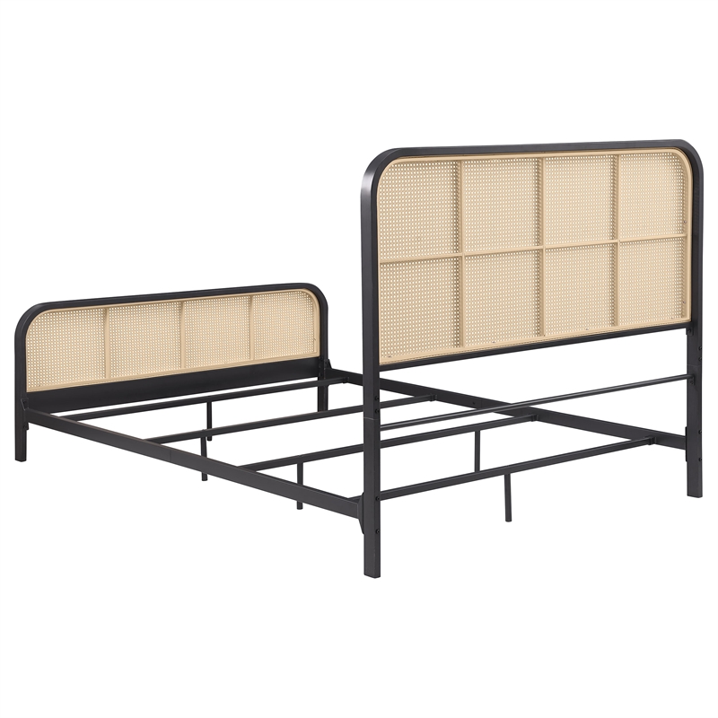 Pemberly Row Modern Open Cane Webbing Metal Queen Bed in Black