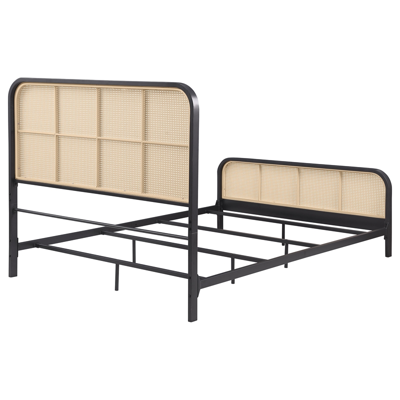 Pemberly Row Modern Open Cane Webbing Metal Queen Bed in Black